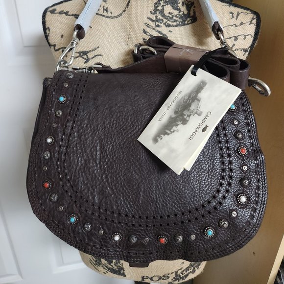 NWT Campomaggi Studded Saddle Shoulder Bag Roomy Brown